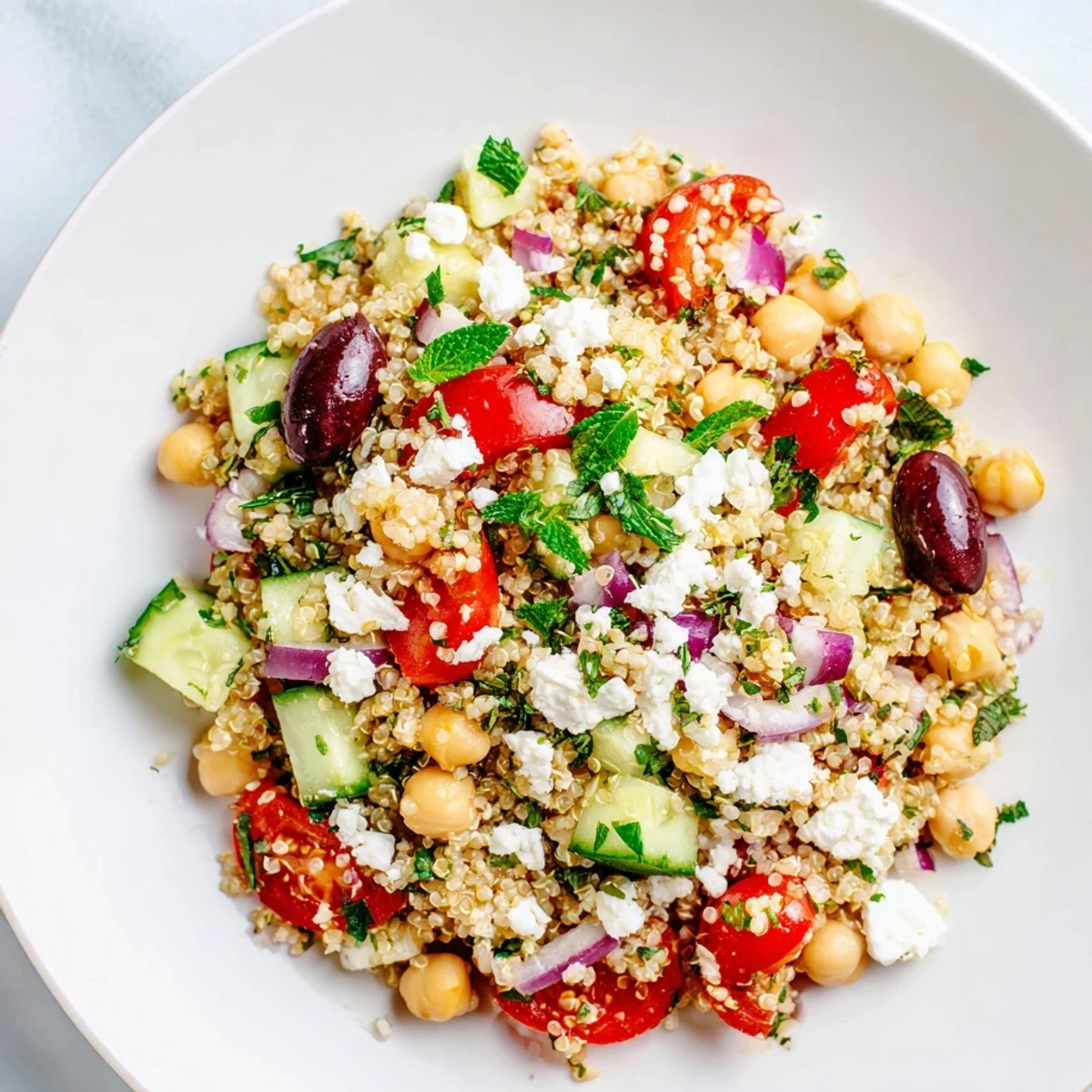Bright Mediterranean Quinoa Salad with Chickpeas topped with crumbled feta, fresh parsley, and sliced Kalamata olives on a white plate.