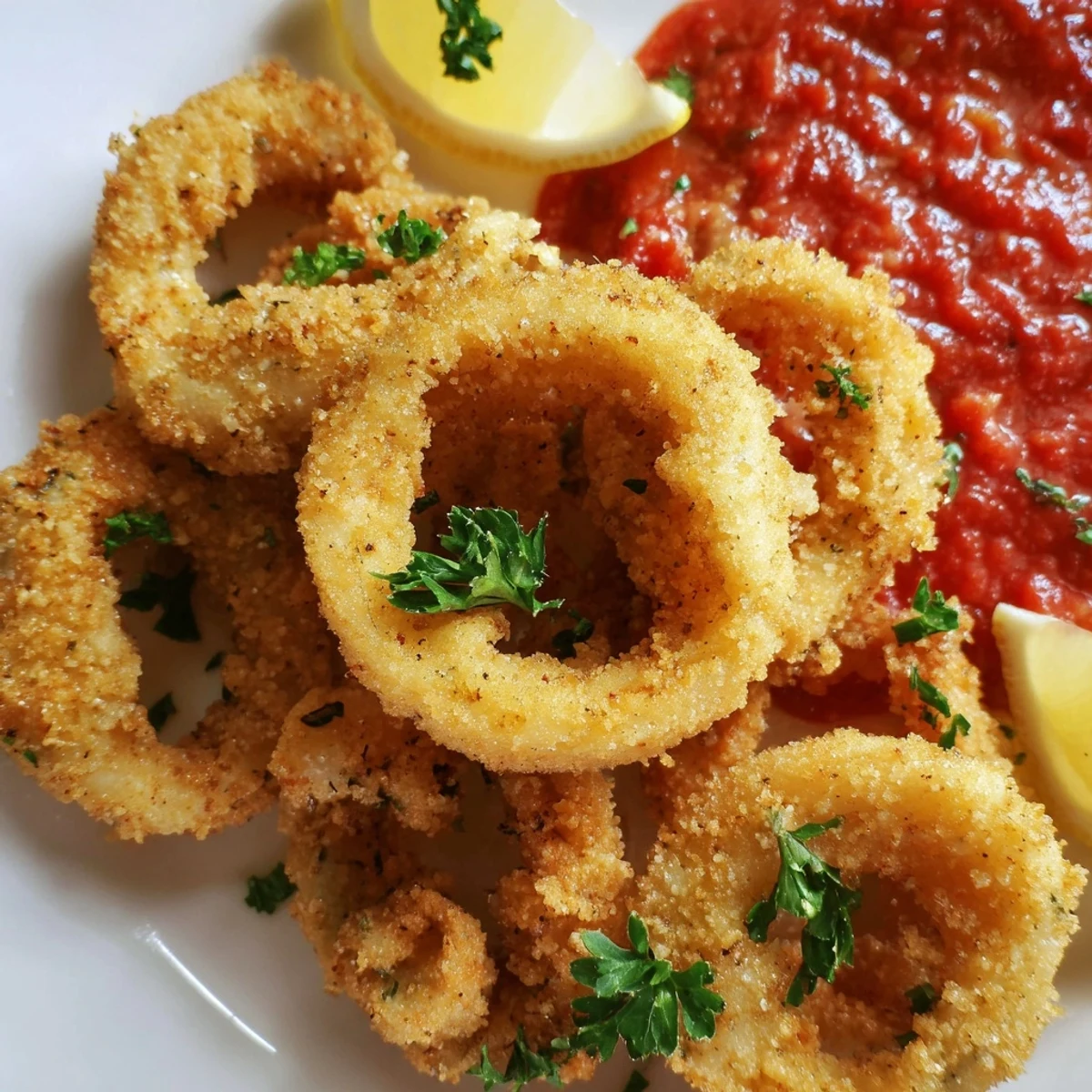 Golden fried Crispy Calamari with Marinara Sauce piled high, garnished with parsley and ready to dip at a family dinner.