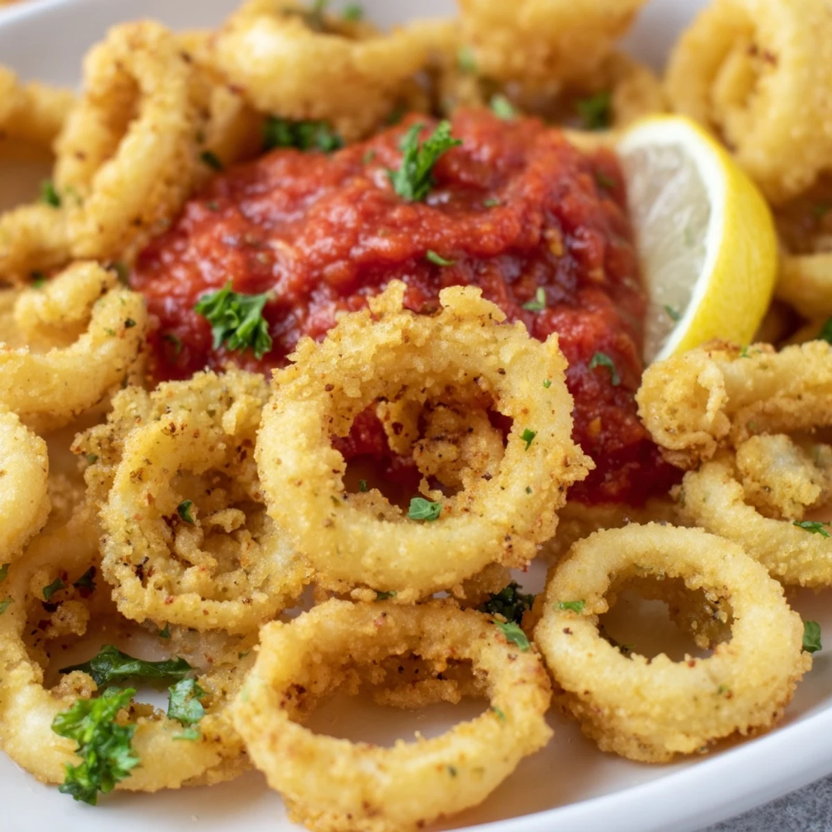 Crispy Calamari with Marinara Sauce sits beside a small bowl of red sauce and lemon wedges on a rustic table.