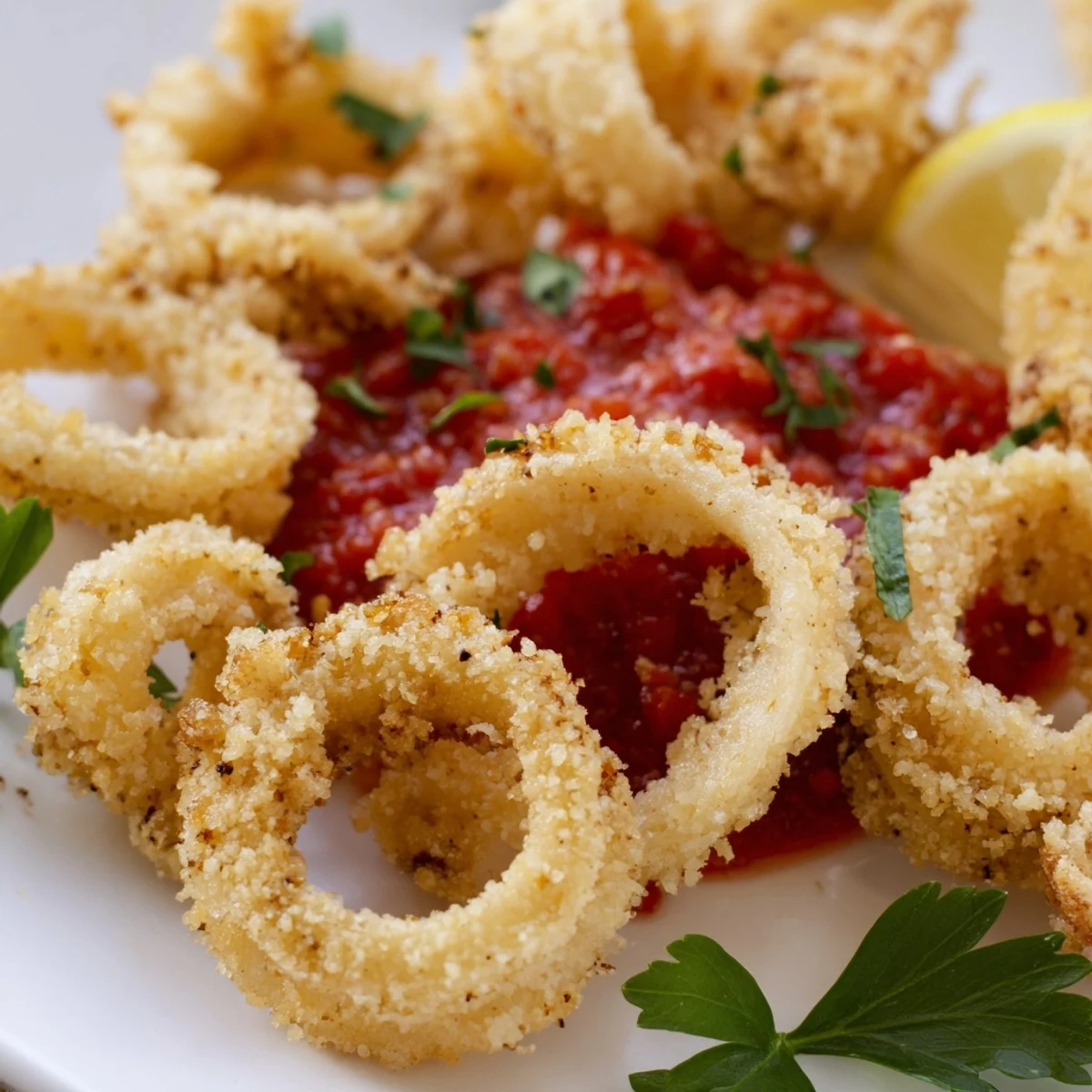 Tender Crispy Calamari with Marinara Sauce fished from hot oil, steaming and crisp beside colorful marinara for dipping.