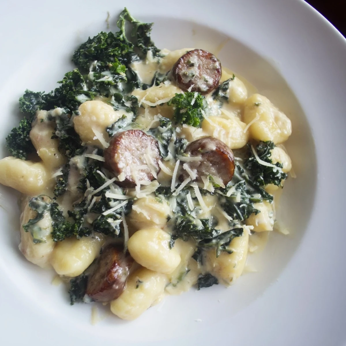 Creamy Gnocchi with Sausage and Kale in a creamy garlic sauce in a rustic skillet with crusty bread on the side.