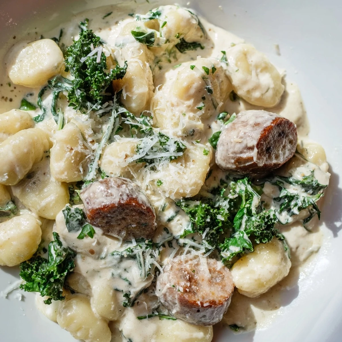 Sliced golden brown halal sausage and wilted kale mixed into Creamy Gnocchi with Sausage and Kale.