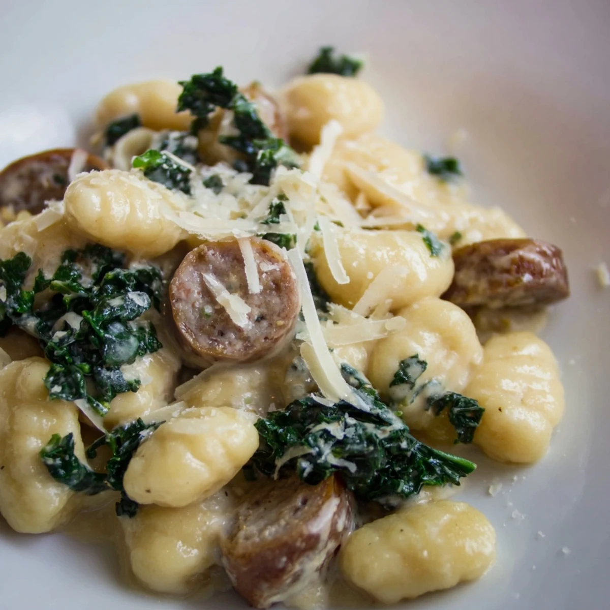 Freshly grated Parmesan on top of Creamy Gnocchi with Sausage and Kale served in a white ceramic bowl.