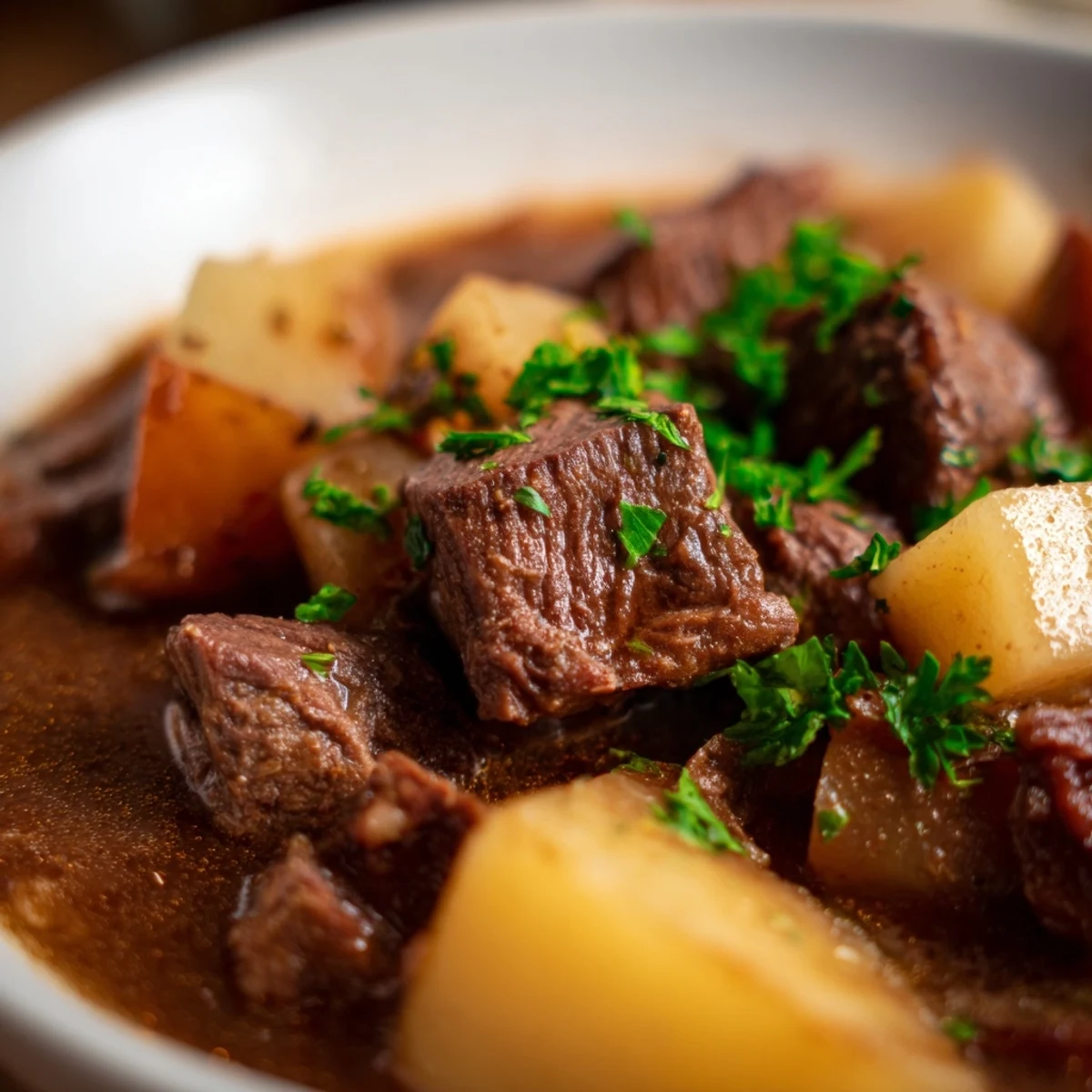 Tender beef and carrots in Slow Cooker Beef Stew with Root Vegetables, garnished with fresh parsley.