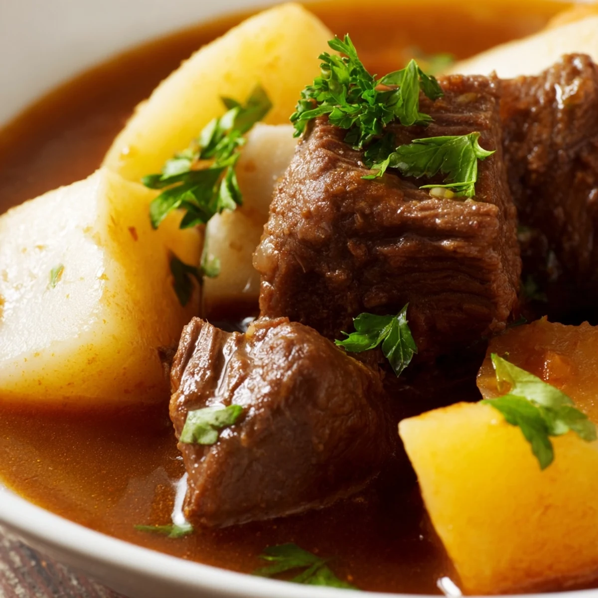 A ladle pours rich Slow Cooker Beef Stew with Root Vegetables over creamy mashed potatoes.