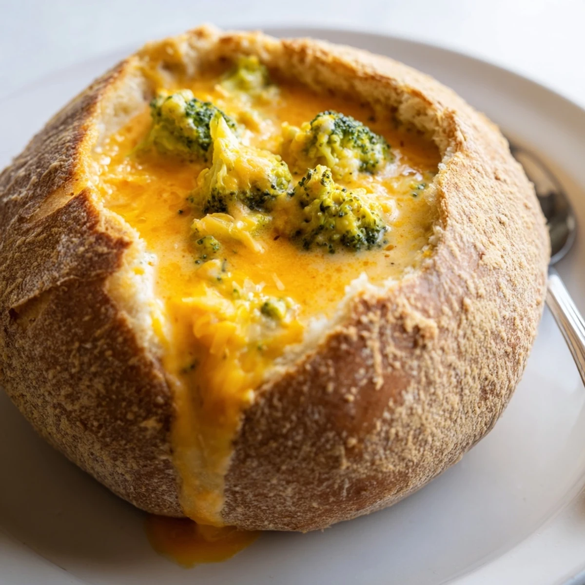 Creamy Broccoli Cheddar Soup in a hollowed-out sourdough bread bowl, with steam rising and melted cheese visible.