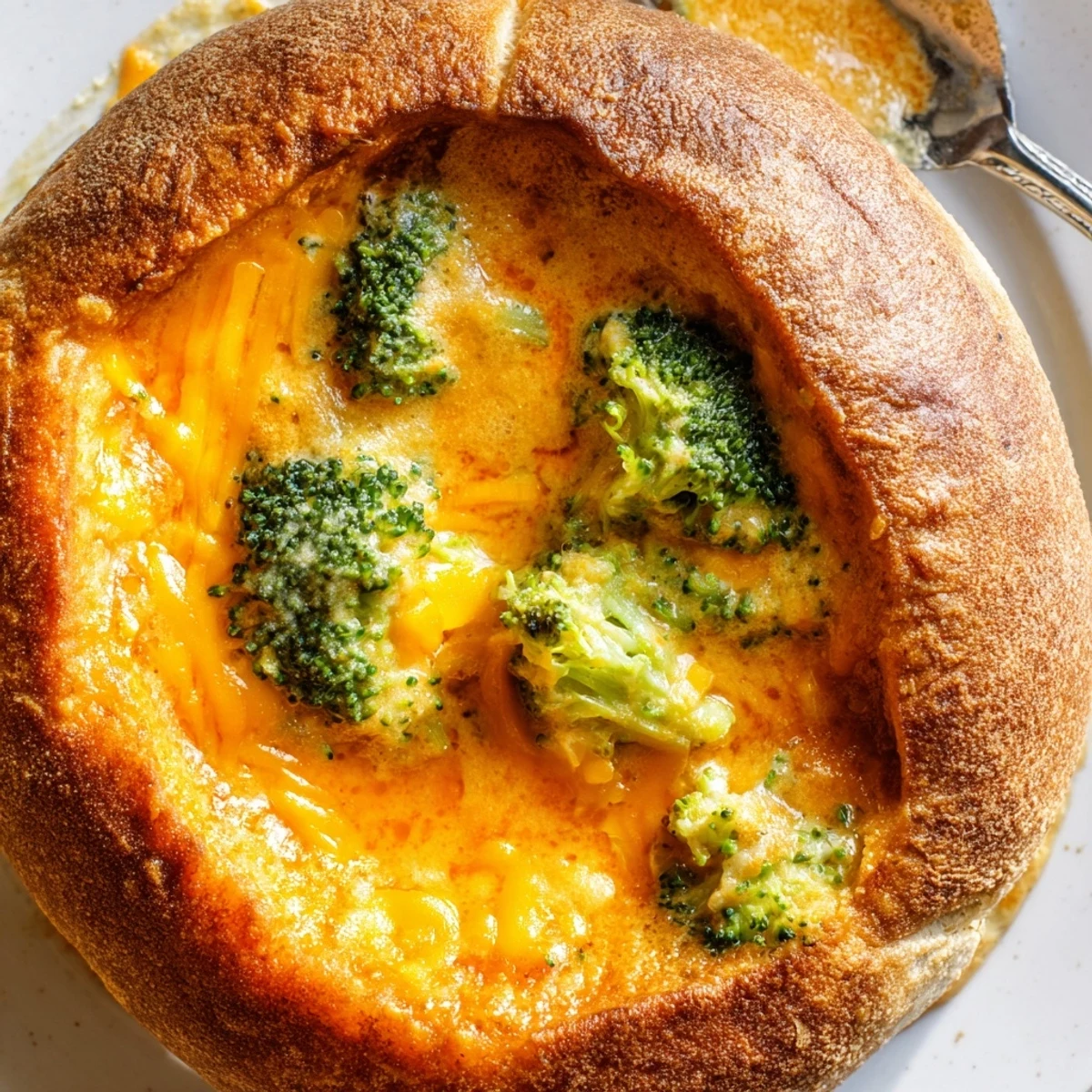 Warm Creamy Broccoli Cheddar Soup ladled into a crusty bread bowl, garnished with fresh cheddar and green chives.