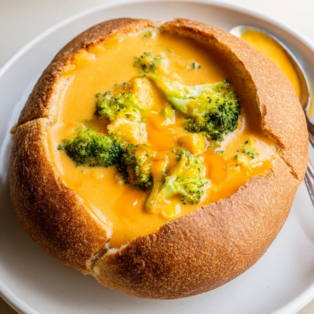 A close-up of Creamy Broccoli Cheddar Soup inside a toasted bread bowl, with tender broccoli florets and shredded cheese.