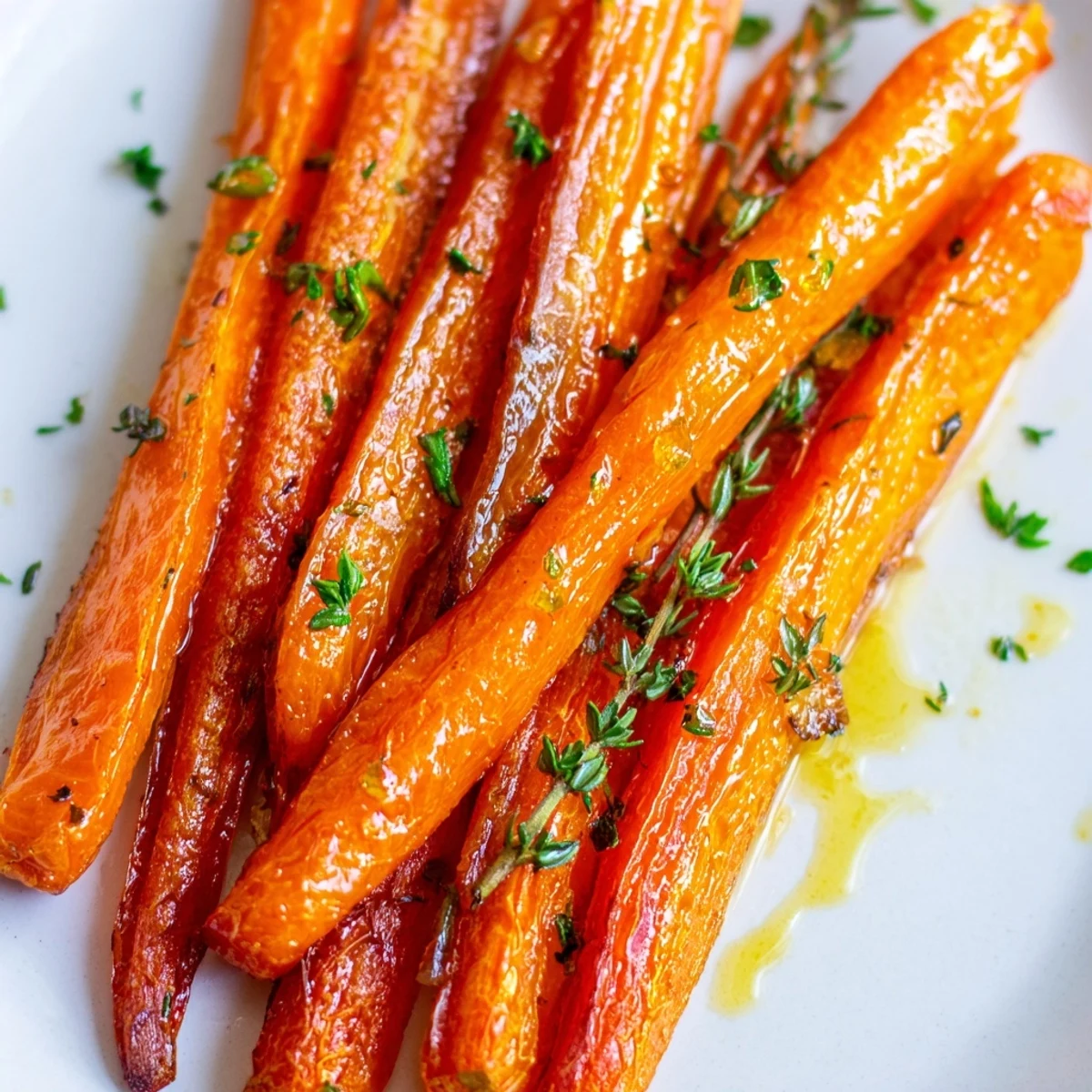 Freshly roasted carrots with honey and thyme glistening on a white platter, garnished with fresh parsley