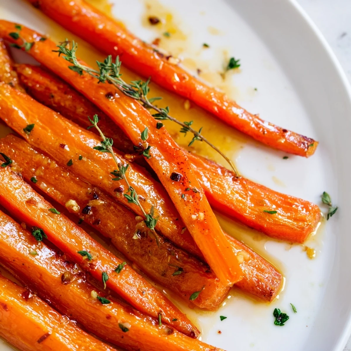Perfectly caramelized roasted carrots with honey and thyme on a rustic wooden serving board