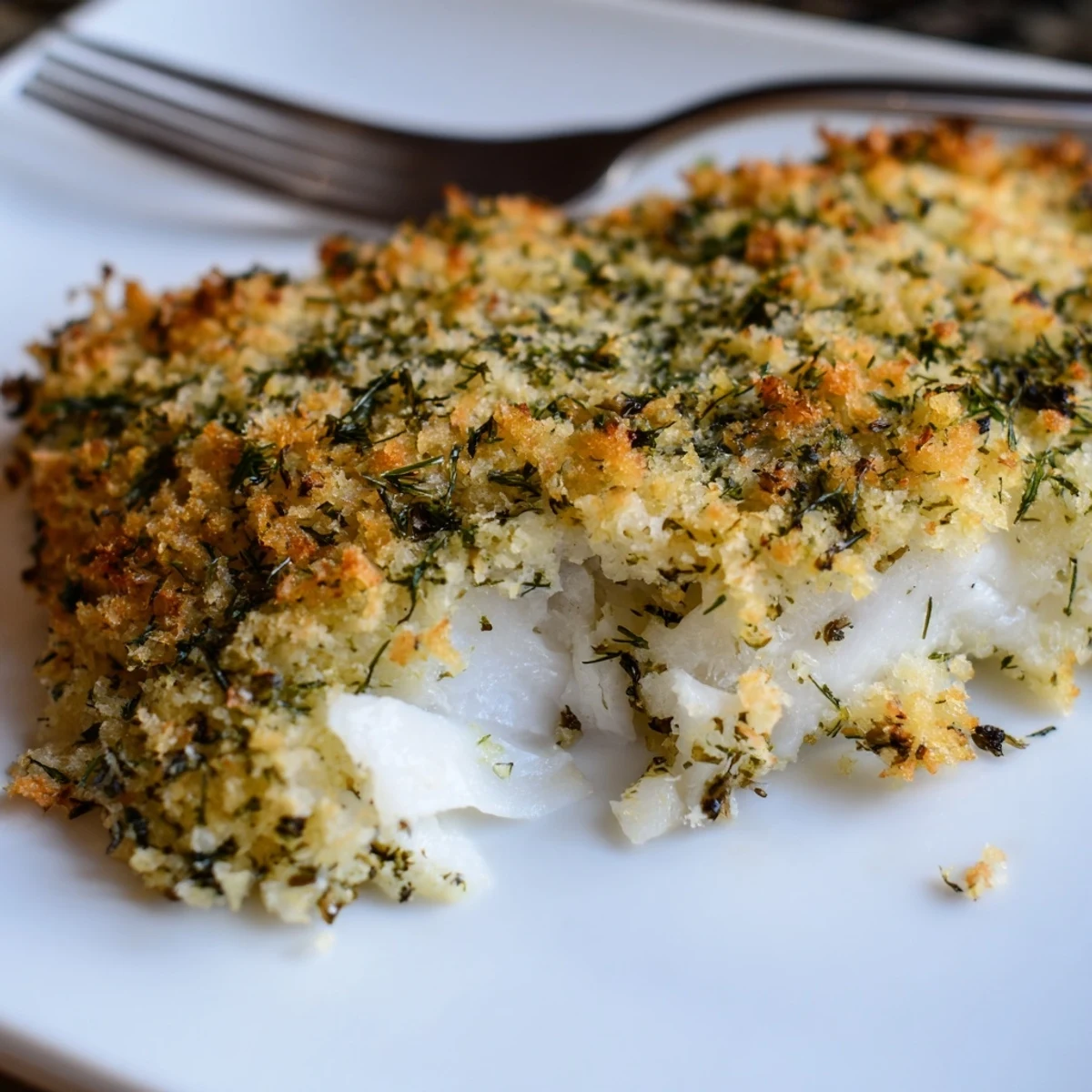 Fresh Baked Cod with Panko and Herb Crust garnished with lemon wedges, paired with a crisp white wine on a rustic table.