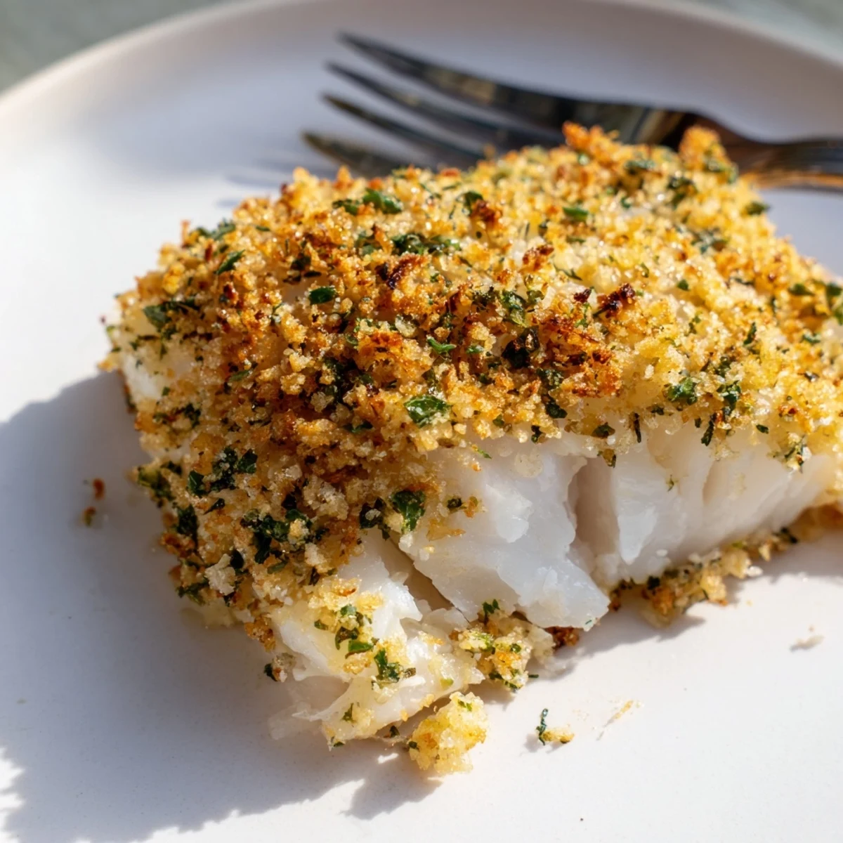 Golden Baked Cod with Panko and Herb Crust fillets on a baking sheet, showcasing crispy, golden-brown topping ready to serve.