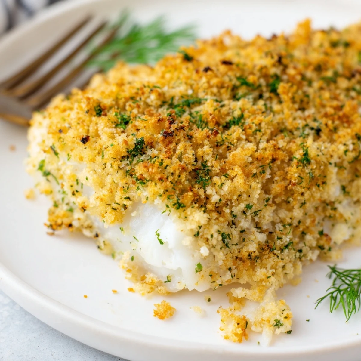 Juicy Baked Cod with Panko and Herb Crust flaking with a fork, topped with fresh parsley, dill, and Parmesan crumbs.