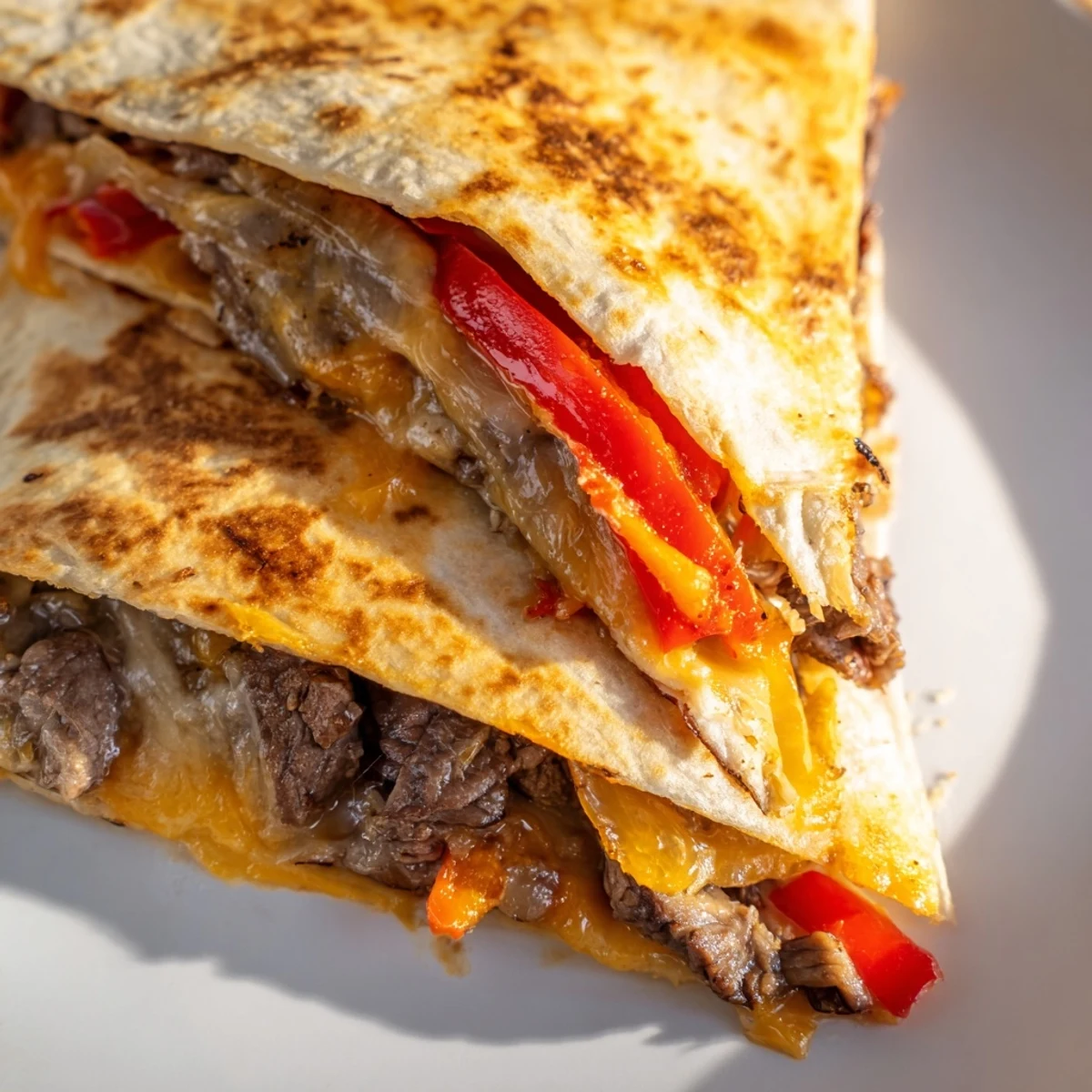 Golden-brown Beef Quesadillas with Salsa and Guacamole on a plate, oozing melted cheese and savory beef filling.