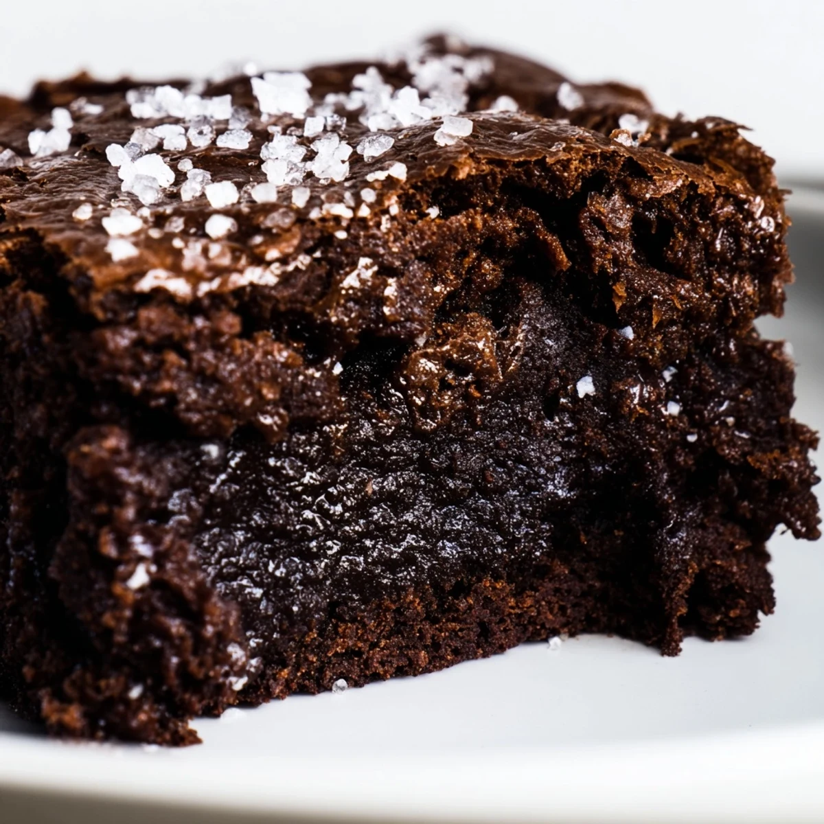 Rich, fudgy Chocolate Fudge Brownies with Sea Salt squares on a cooling rack, featuring cracked tops and sparkling salt crystals.