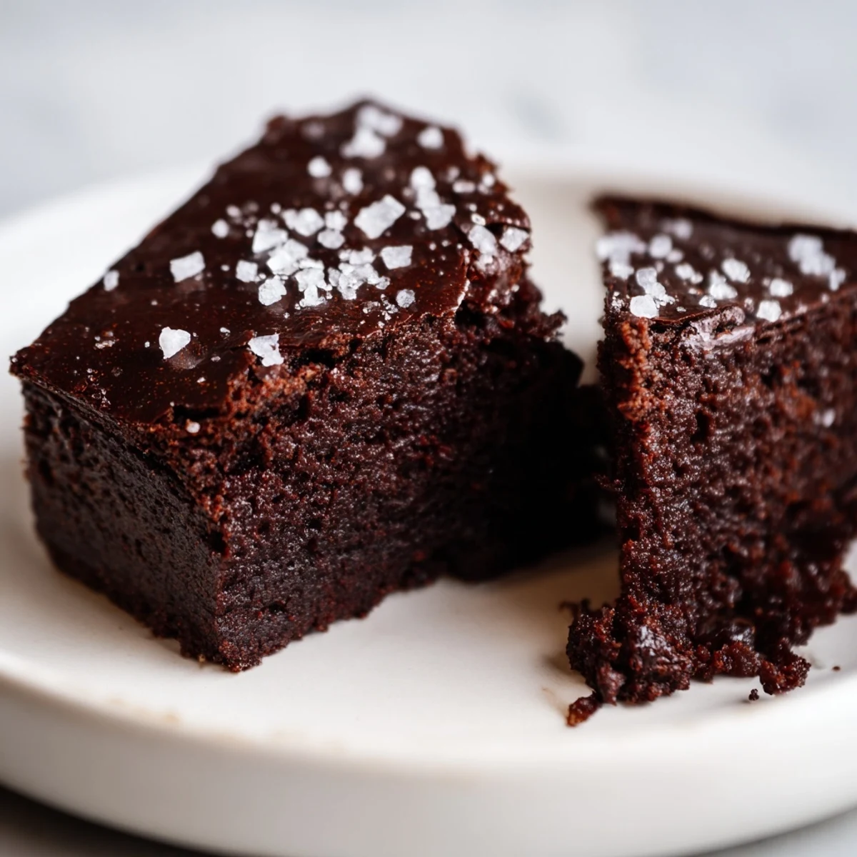 Warm, freshly baked Chocolate Fudge Brownies with Sea Salt cut into squares, showing a dense, chocolatey interior on a rustic board.