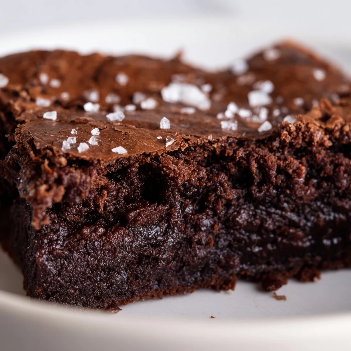 Gooey Chocolate Fudge Brownies with Sea Salt served warm with a scoop of vanilla ice cream melting over the edges.