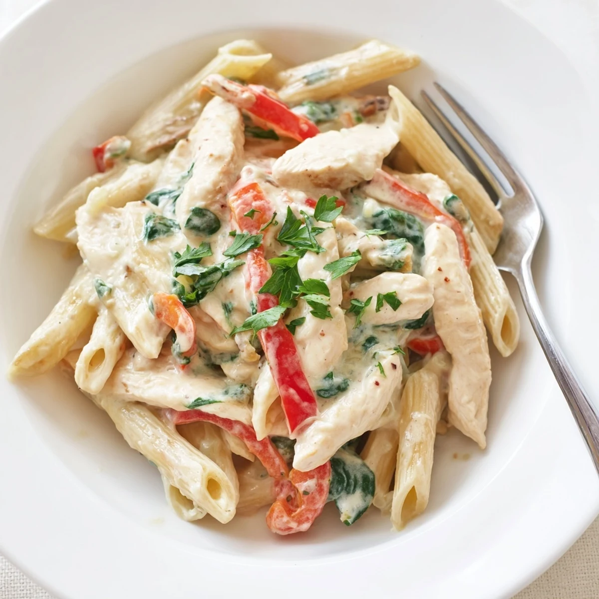 Golden brown chicken strips and sautéed red bell peppers mixed into Creamy Meal Pasta with penne.