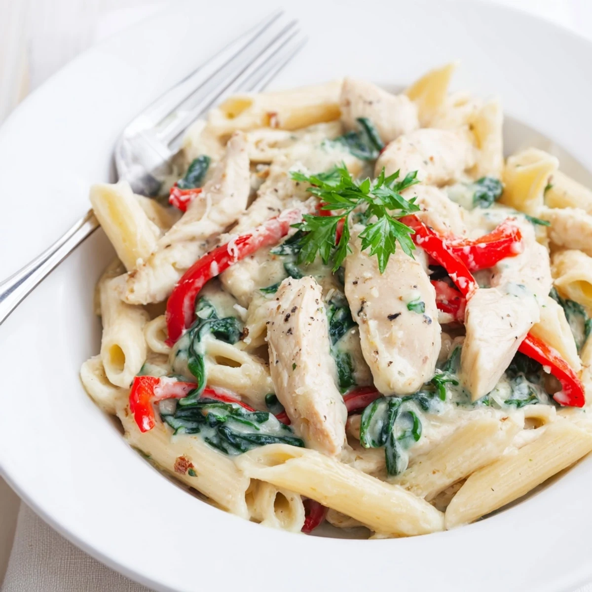 Fresh parsley and grated Parmesan garnish this Creamy Meal Pasta served in a white ceramic bowl.