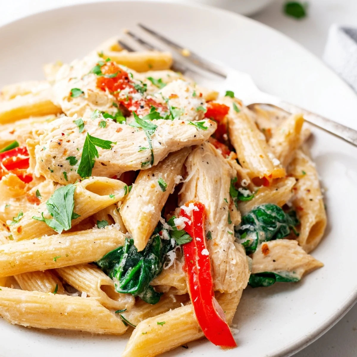 A close-up of Creamy Meal Pasta twirled on a fork, showcasing its silky, velvety sauce.