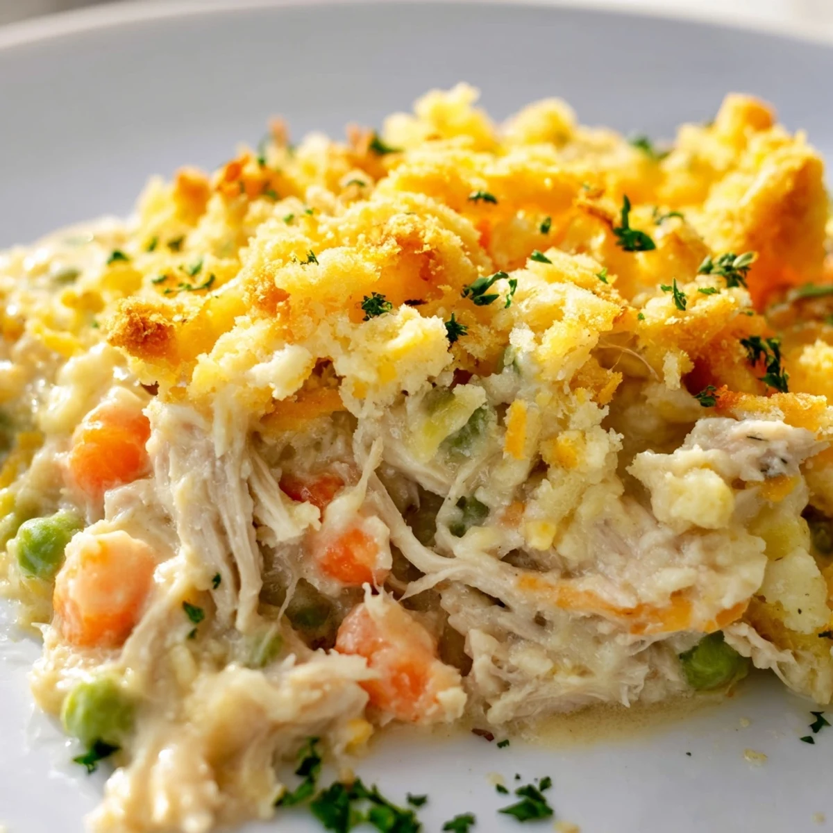 Fresh parsley garnishes a spoonful of creamy Turkey Dish Casserole, revealing tender turkey, peas, and carrots in a rich sauce.