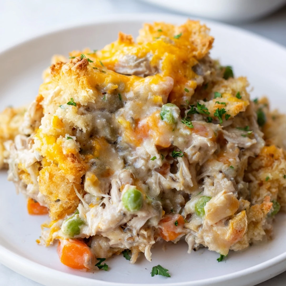 Golden, bubbly cheddar and buttery breadcrumbs crown this hearty Turkey Dish Casserole, filled with tender turkey and creamy vegetables.