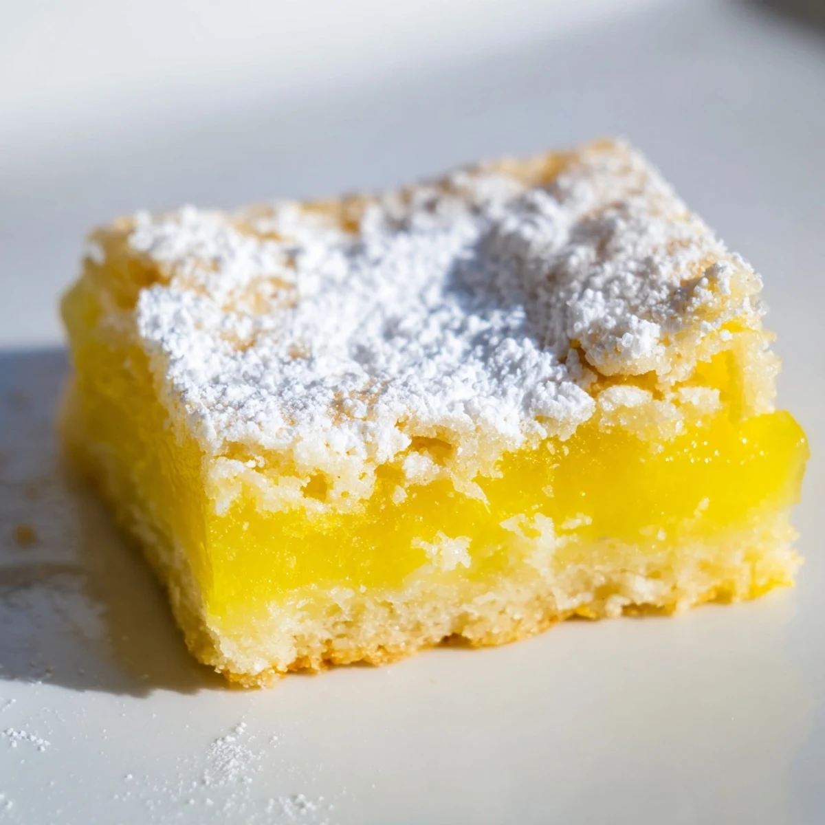 Freshly baked Lemon Treat Bars dusted with powdered sugar on a rustic wooden cutting board, showcasing the golden shortbread crust.