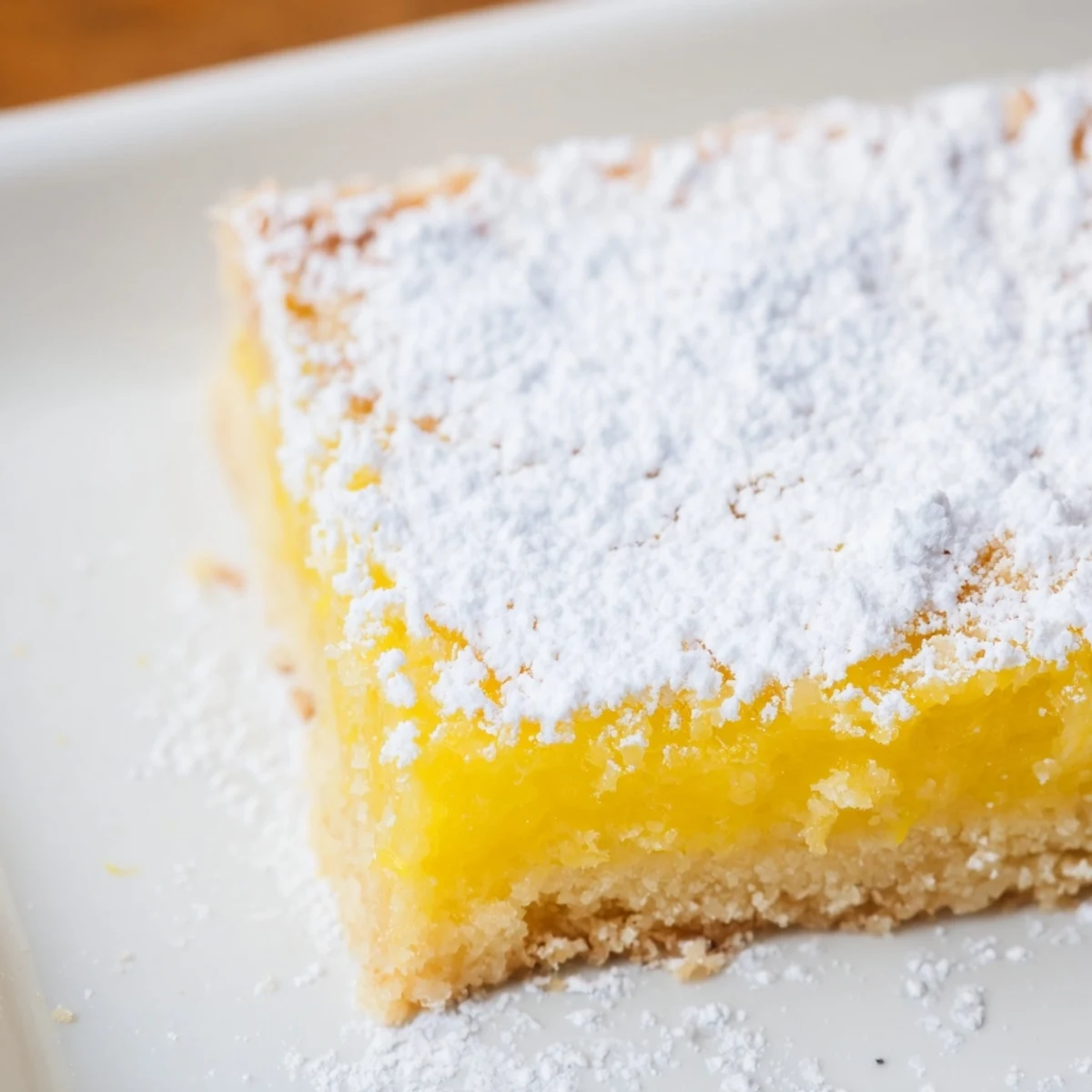 A close-up of Lemon Treat Bars reveals the bright, tangy lemon filling on a buttery shortbread crust, perfect for dessert.