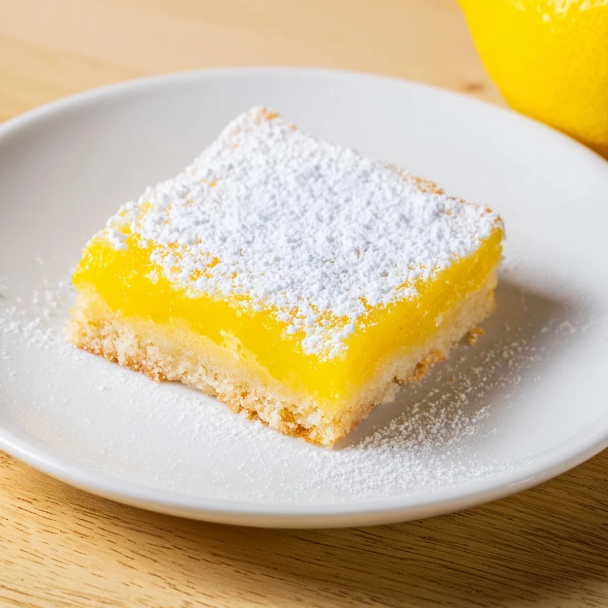 Chilled Lemon Treat Bars are neatly cut into squares, ready to serve on a white ceramic plate for afternoon tea.