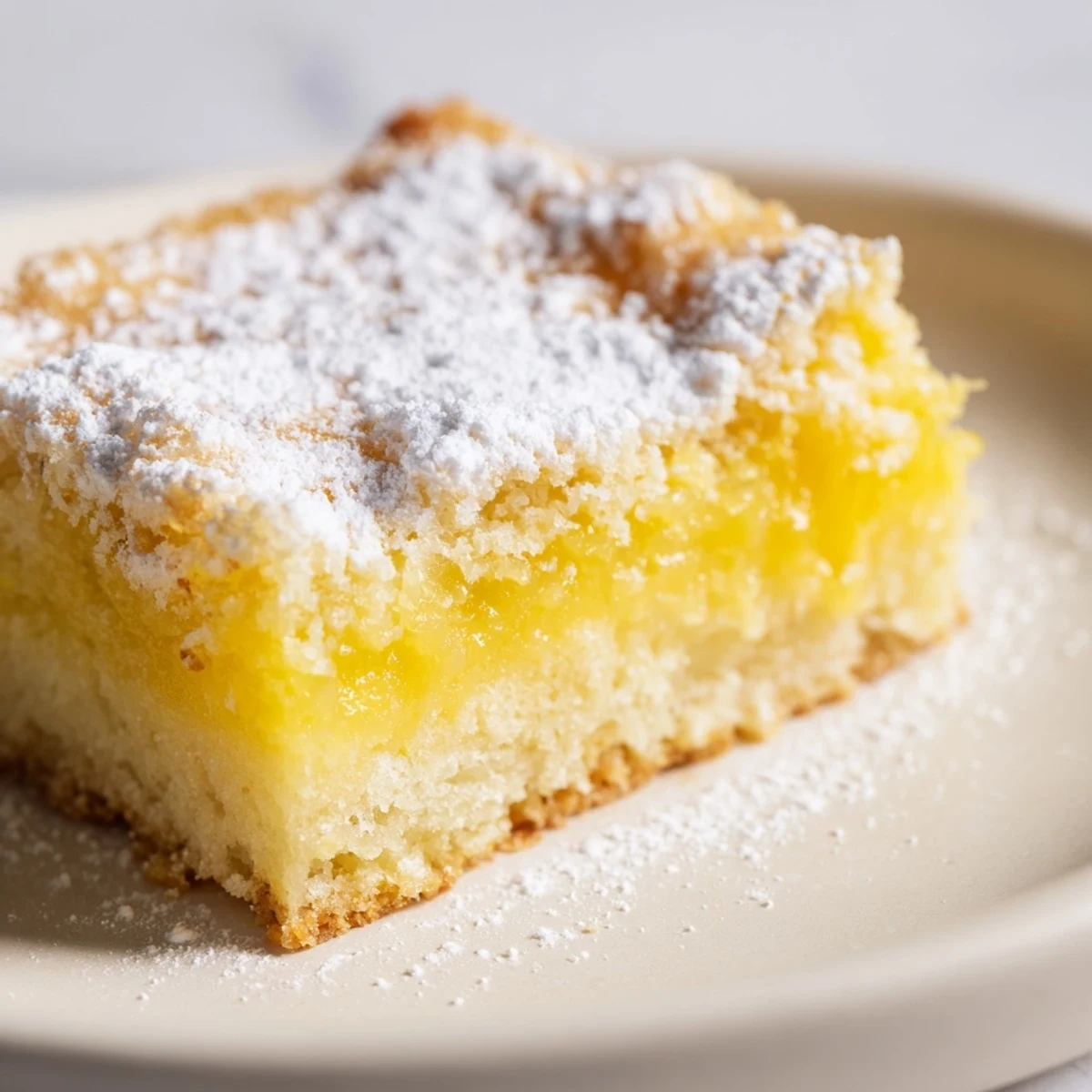 A rectangular Lemon Dessert Bar on a white plate, showcasing its crumbly shortbread crust and smooth citrus center.