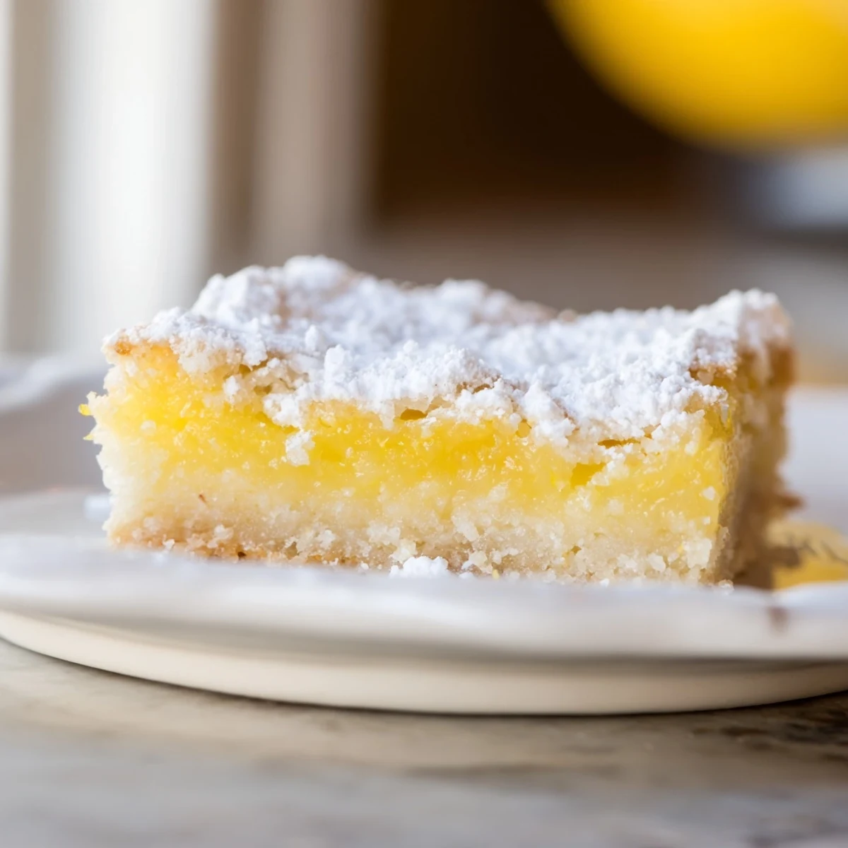 A close-up of golden Lemon Dessert Bars with a powdered sugar topping, a slice missing to reveal the tangy lemon filling.