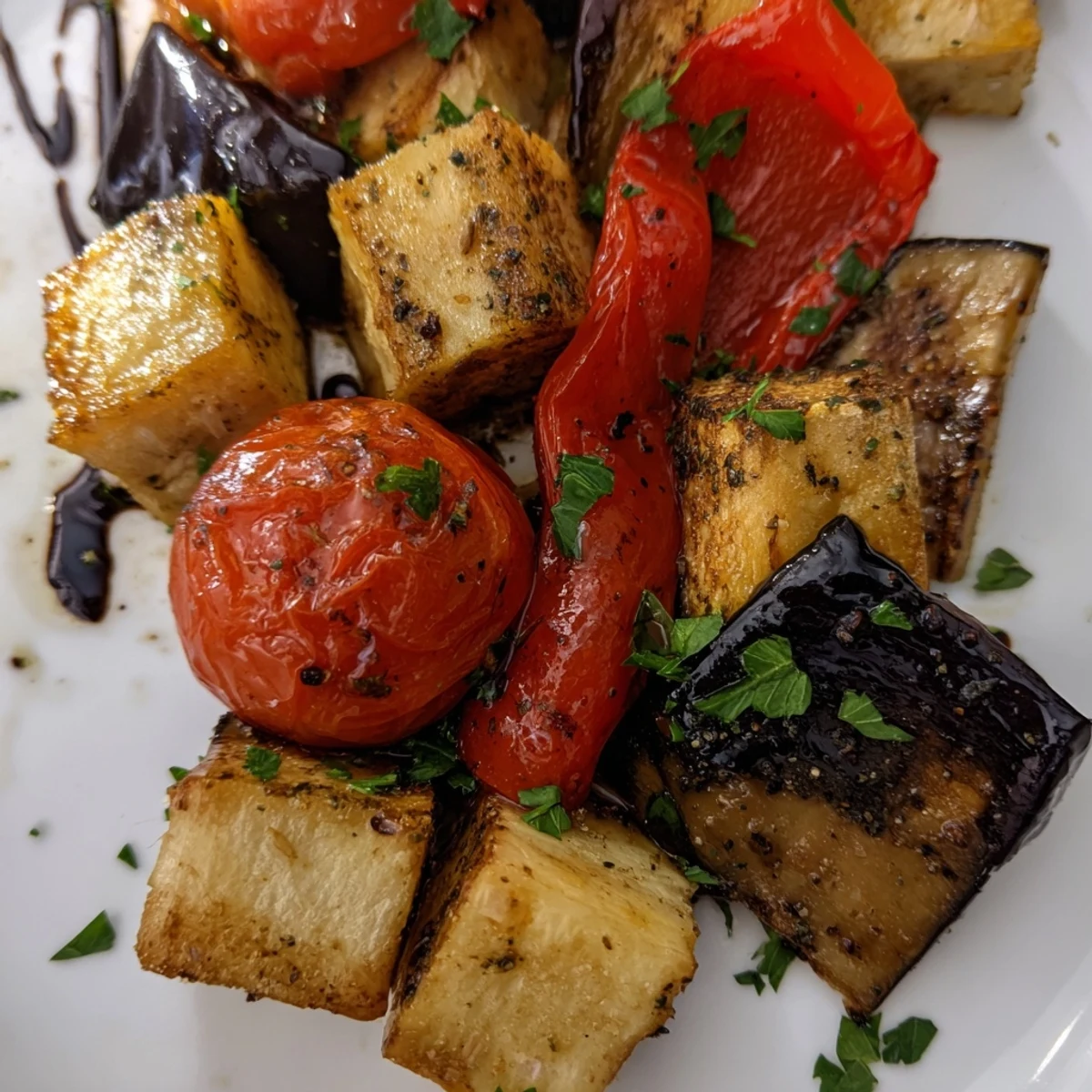 Freshly roasted vegetable medley served warm in a white ceramic bowl, topped with parsley.