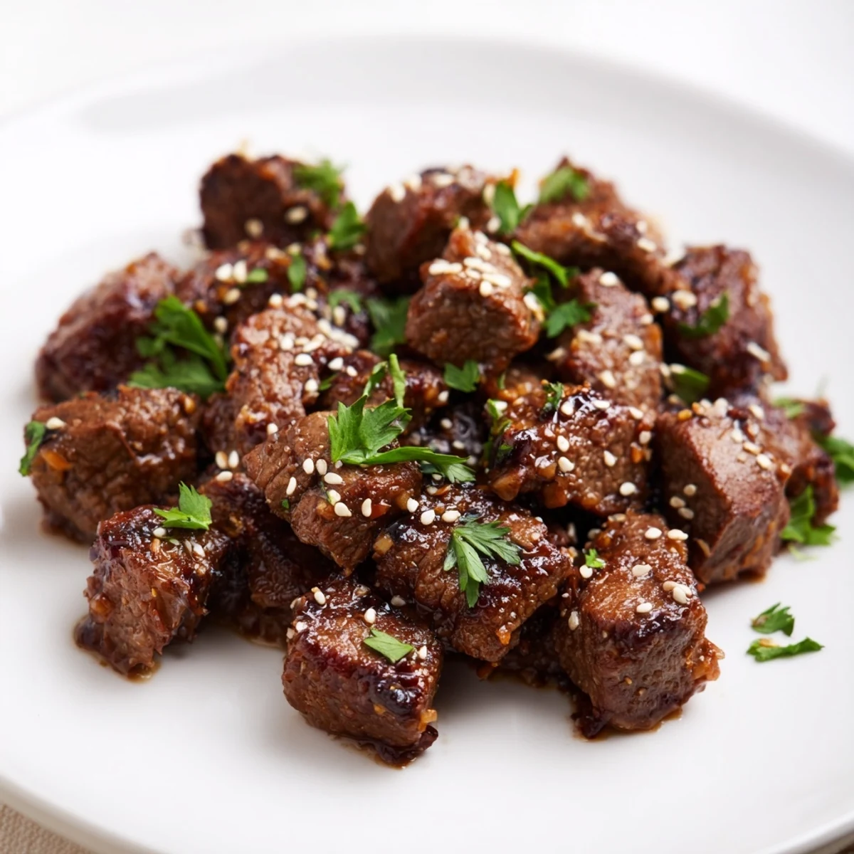 Golden-brown Beef Treat Bites fresh from the oven, garnished with sesame seeds and parsley on a baking sheet.