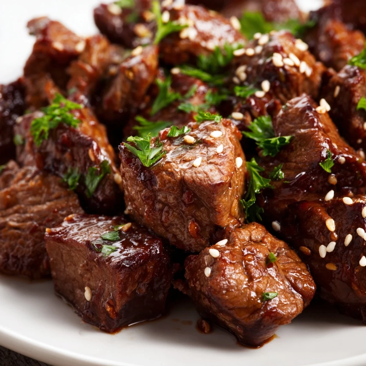 Tender, caramelized Beef Treat Bites arranged on a rustic wooden board, perfect for a party appetizer.