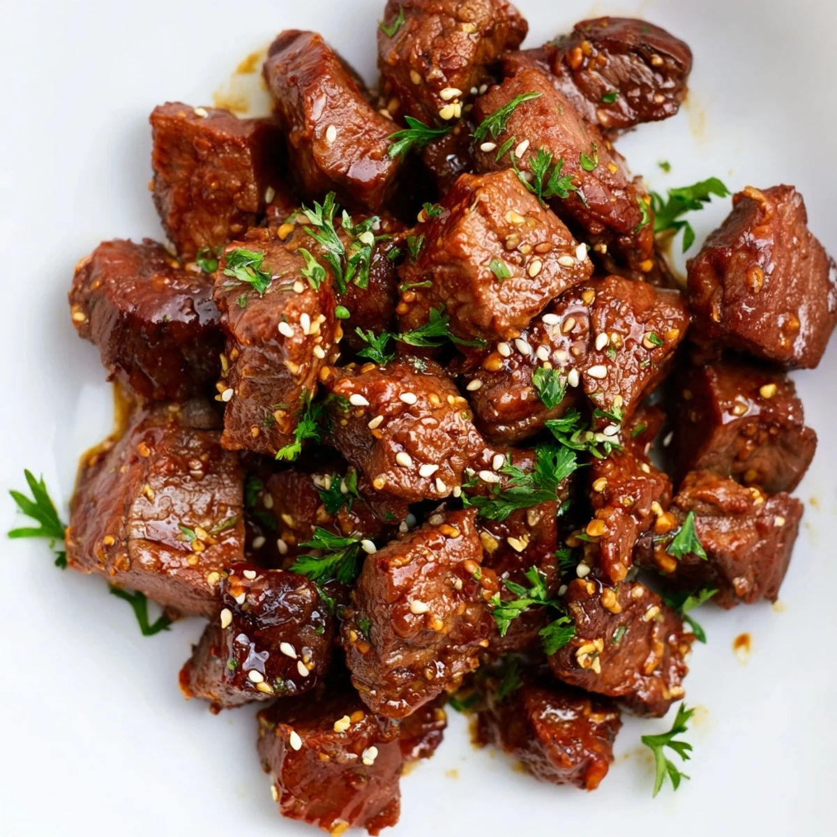 Savory glazed Beef Treat Bites served on a white platter with a small bowl of creamy dipping sauce.