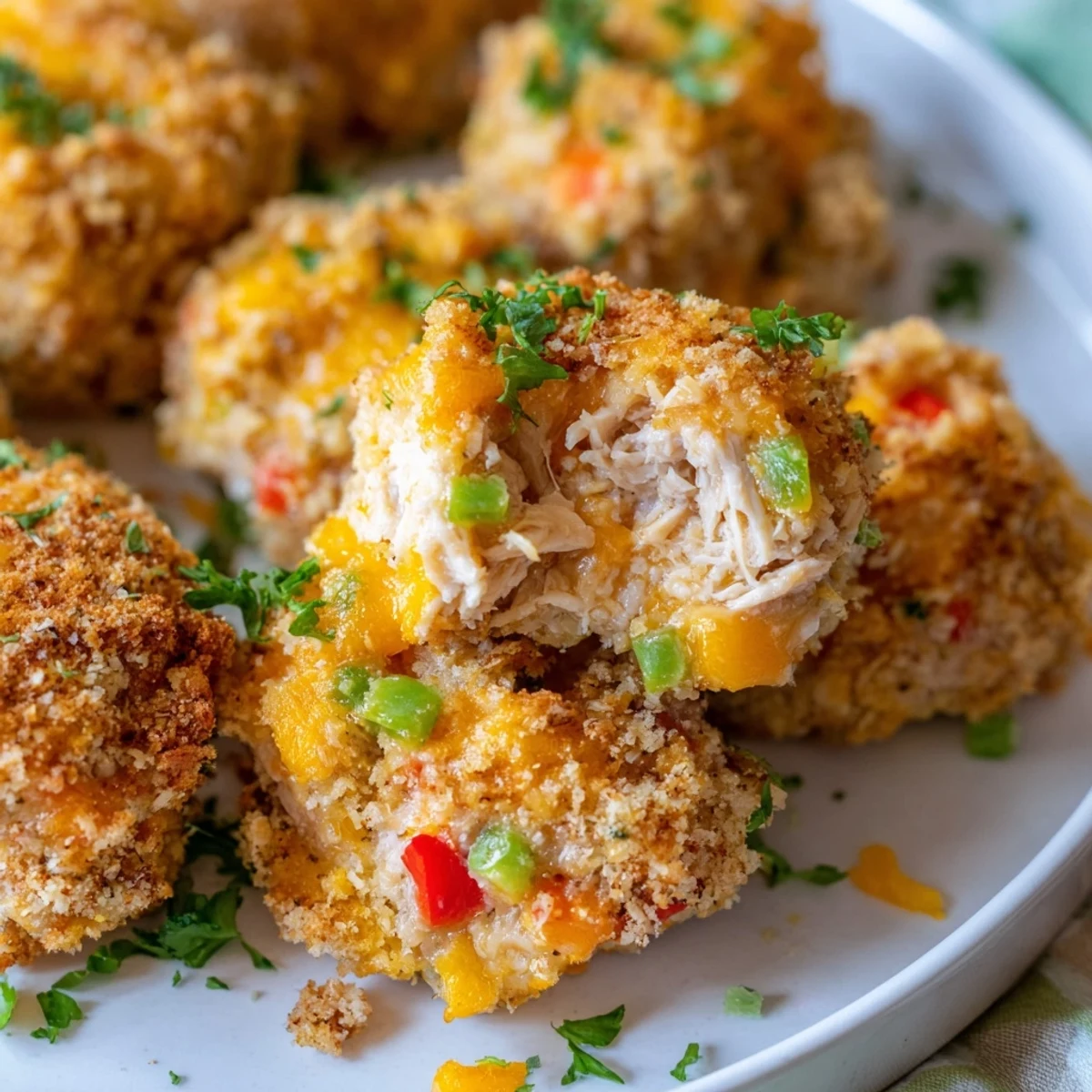 Golden-baked Chicken Treat Bites with melted cheddar, fresh parsley, and chopped bell peppers.