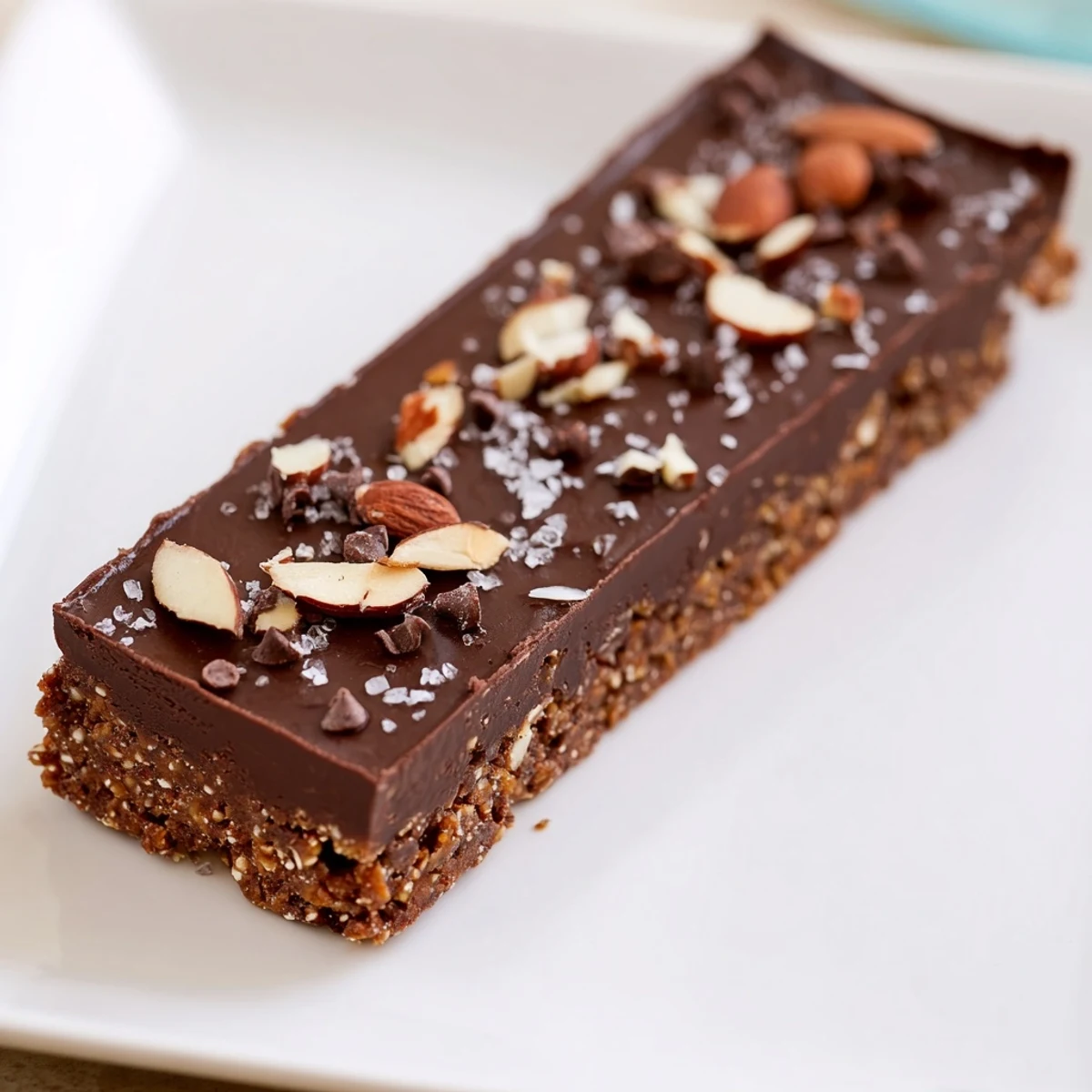 Finished chocolate treat bar sliced into squares, topped with chopped nuts and sea salt on a marble board.
