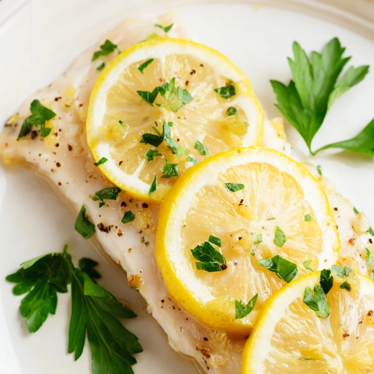 Tender Baked Fish Fillet topped with minced garlic and herbs, ready to be served alongside steamed vegetables.