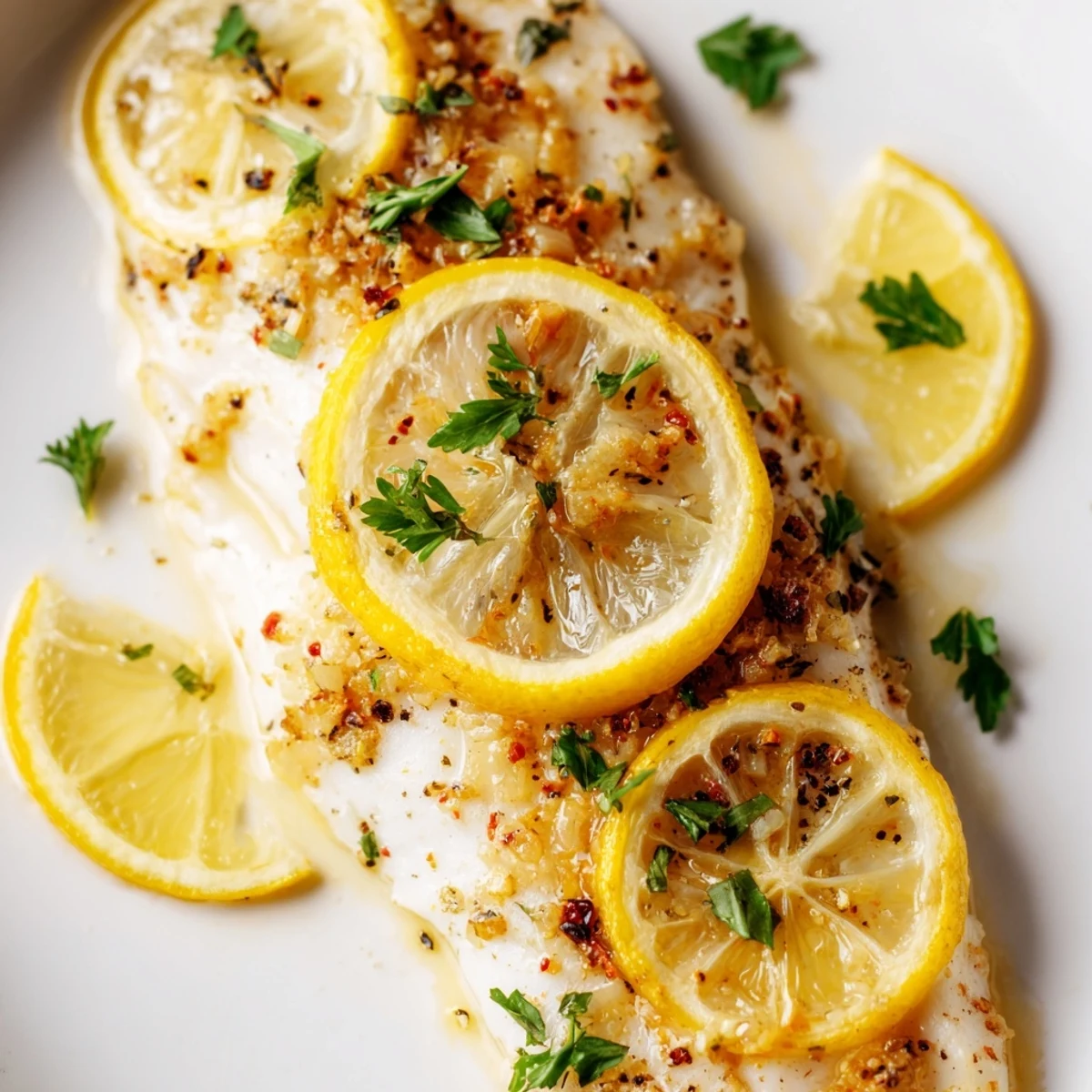 Golden Baked Fish Fillet with lemon slices, fresh parsley, and a drizzle of olive oil on a baking tray.