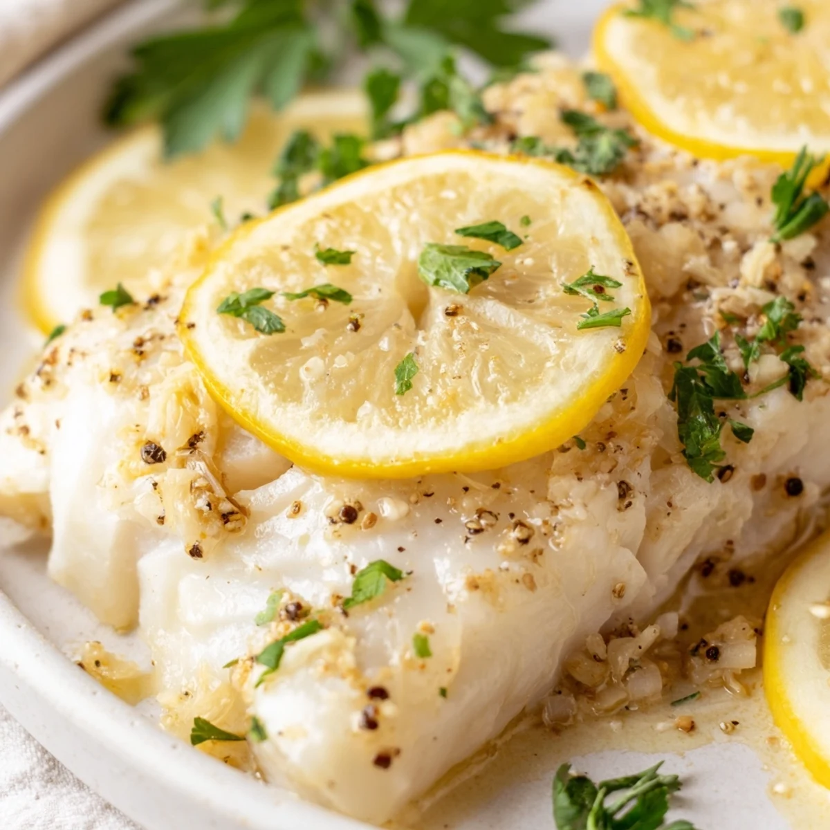 Flaky, perfectly cooked Baked Fish Fillet garnished with lemon wedges, making an easy and healthy gluten-free dinner.