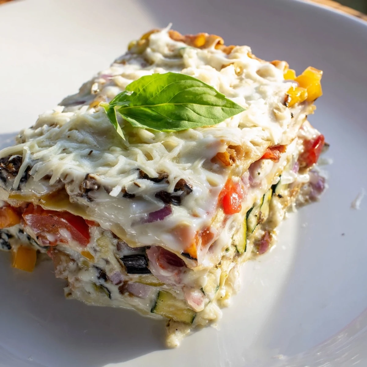 Perfectly baked Roasted Vegetable Lasagna with White Sauce sliced into a hearty serving for a vegetarian dinner.