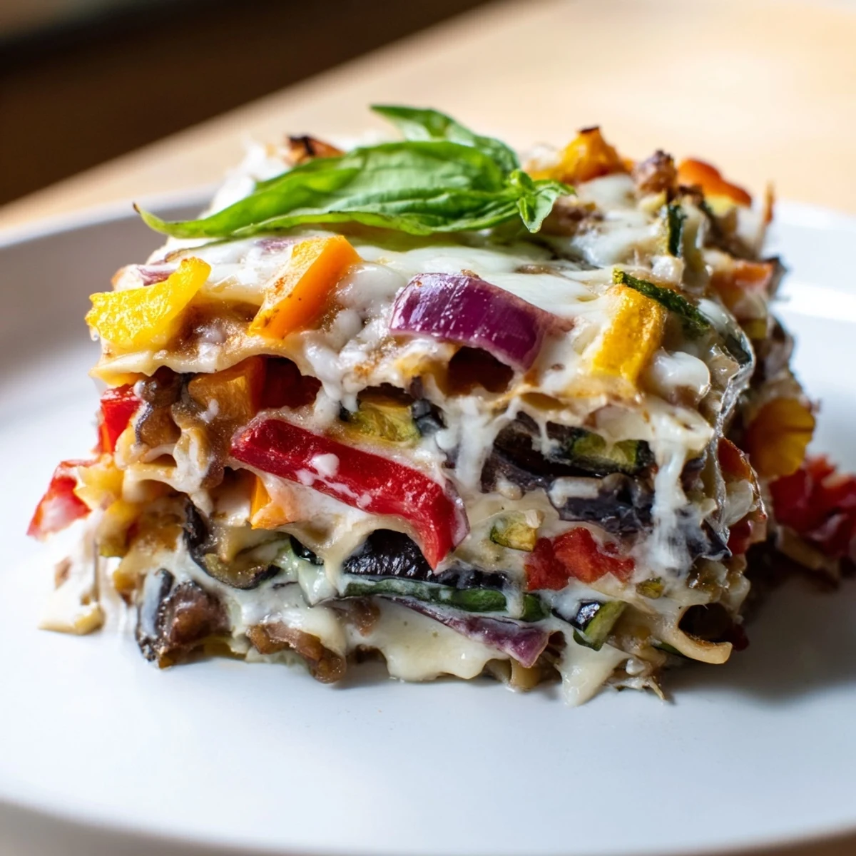 Golden, bubbling layers of Roasted Vegetable Lasagna with White Sauce emerge from the oven, garnished with fresh basil.