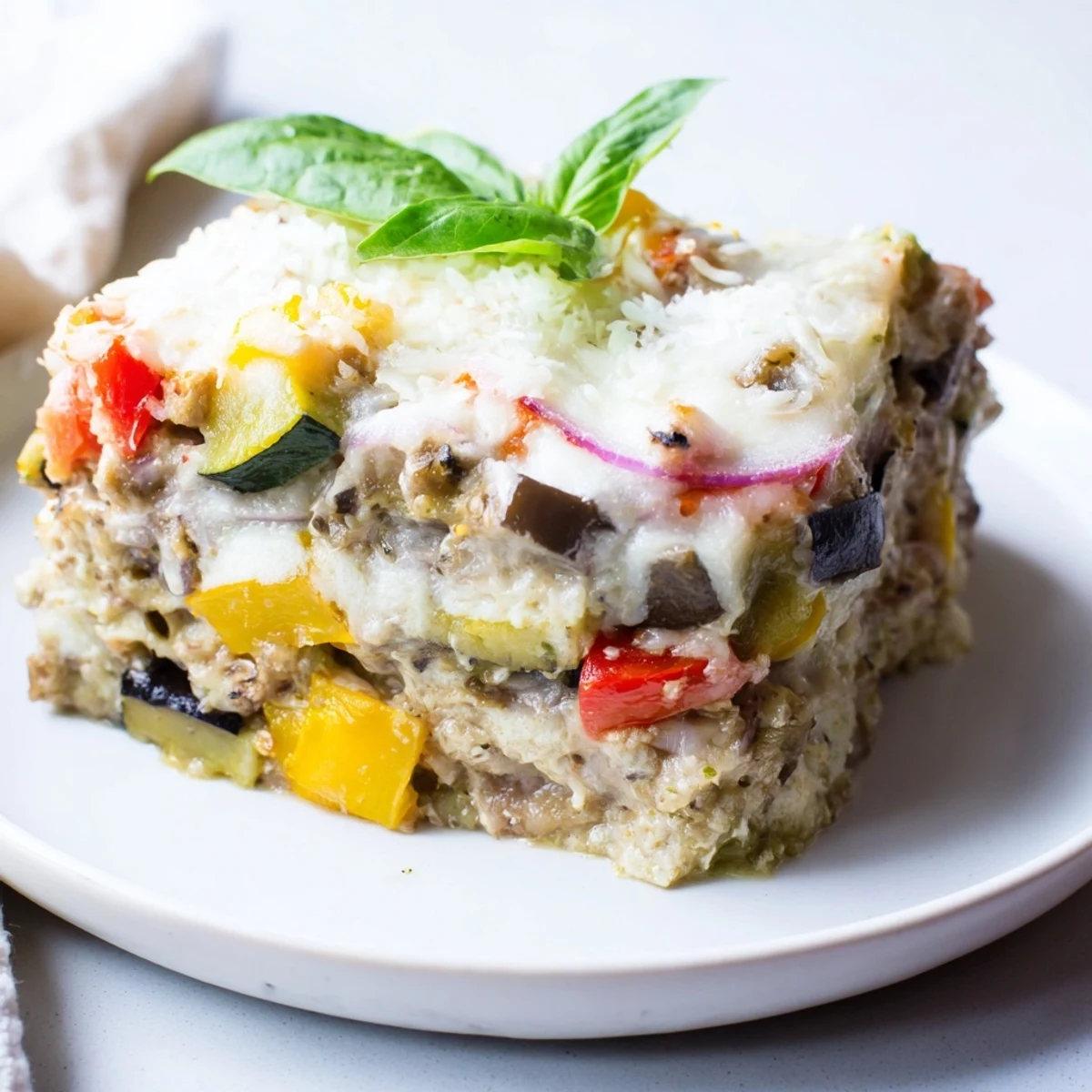 Fresh basil garnishes this cheesy Roasted Vegetable Lasagna with White Sauce, featuring creamy béchamel and roasted veggies.