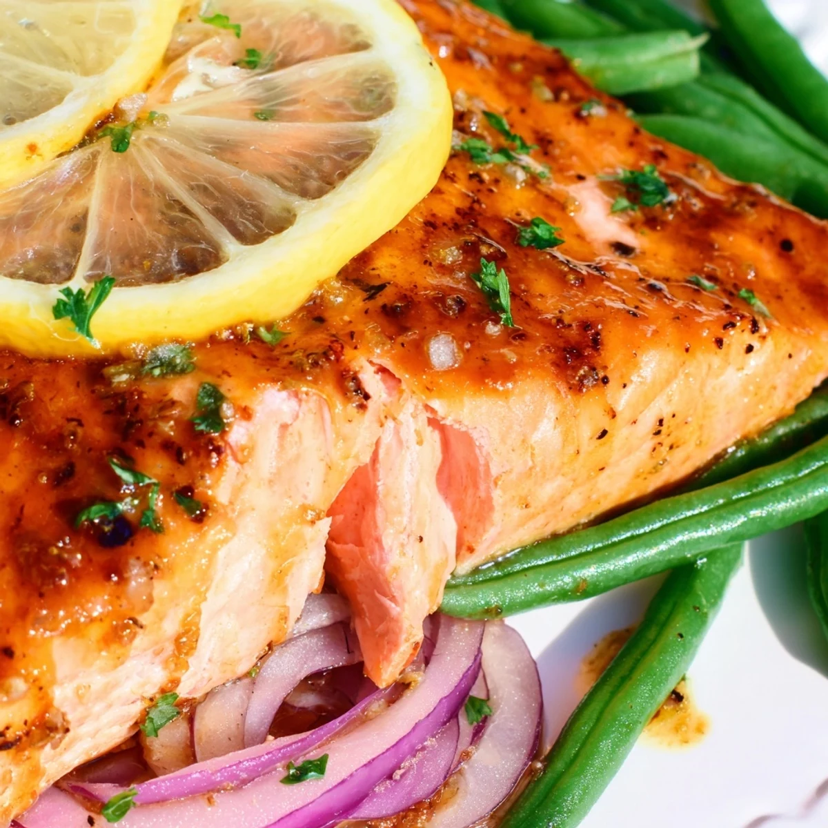 Lemon-garlic Sheet Pan Salmon and Green Beans served on a white plate, garnished with fresh parsley for an easy weeknight dinner.