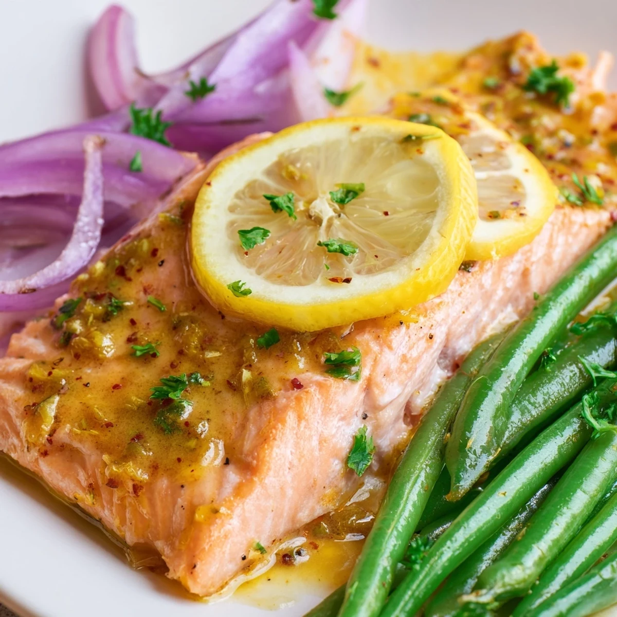 Golden-brown Sheet Pan Salmon and Green Beans with lemon slices, roasted alongside red onion and garlic on a parchment-lined tray.