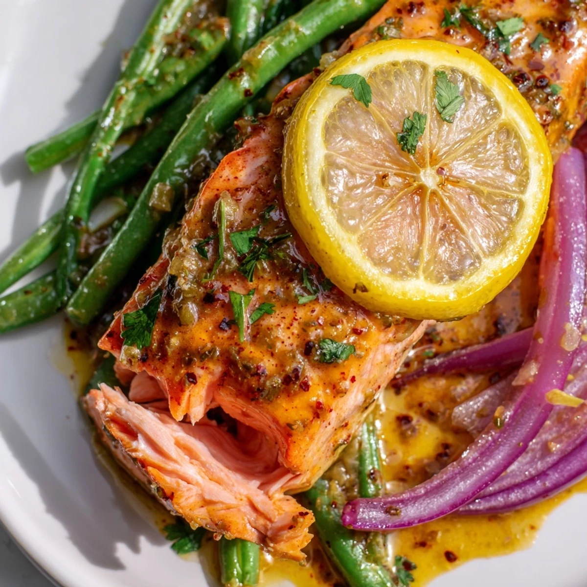 Close-up of tender Sheet Pan Salmon and Green Beans, highlighting flaky salmon and crisp-tender beans with a zesty, savory glaze.