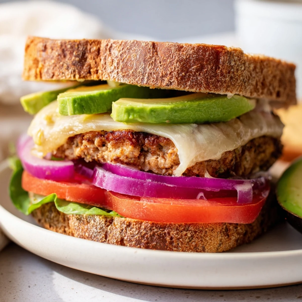 A grilled Turkey Burger with Swiss Cheese and avocado on a toasted whole wheat bun, garnished with tomato and lettuce.
