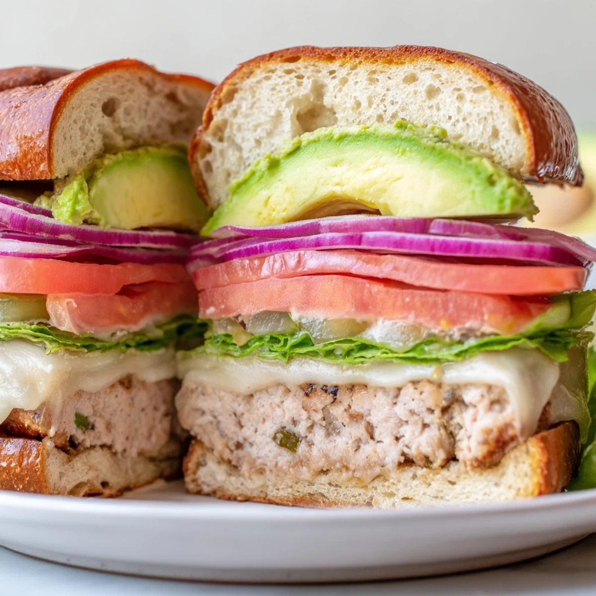 Freshly cooked Turkey Burger with Swiss Cheese featuring creamy avocado, juicy tomato, and crisp lettuce on a toasted bun.