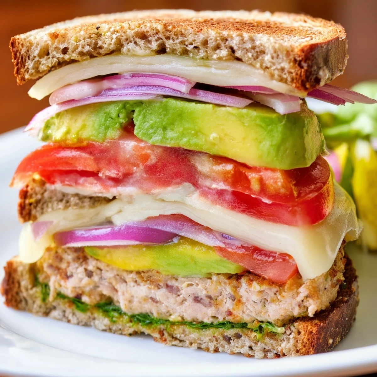 This Turkey Burger with Swiss Cheese and avocado shows melted cheese over the patty, served with fresh red onion slices.