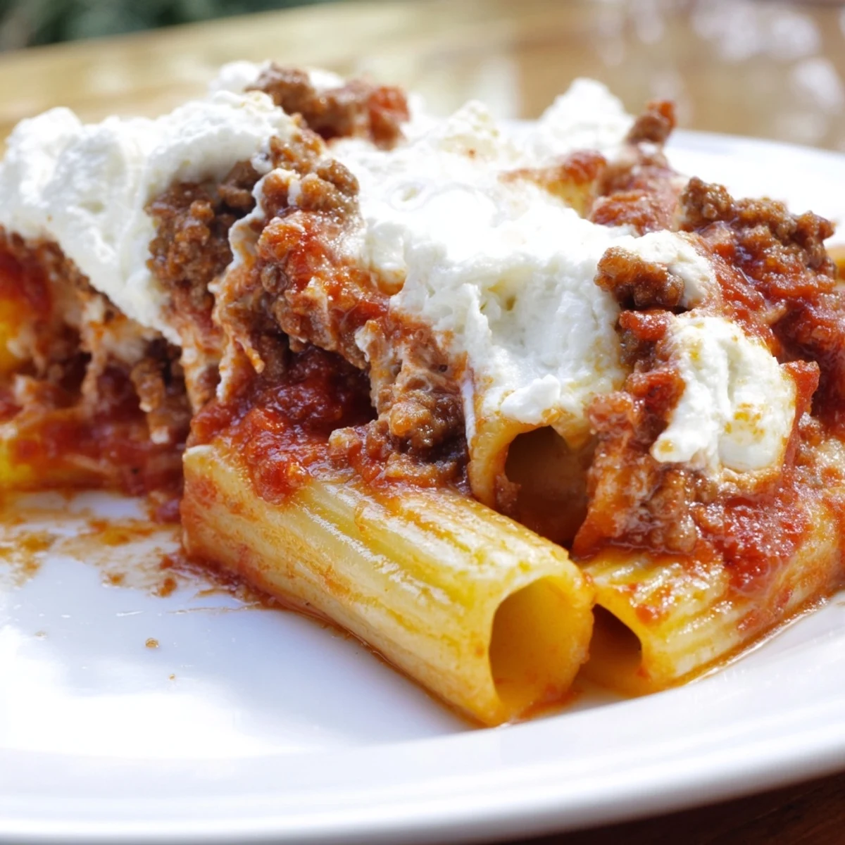 Freshly baked Baked Ziti with Ground Beef and Marinara emerges from the oven with bubbling golden cheese and rich red sauce.
